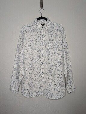 French Crown Men White Blue Office Formal Floral Button Down Shirt 42 L